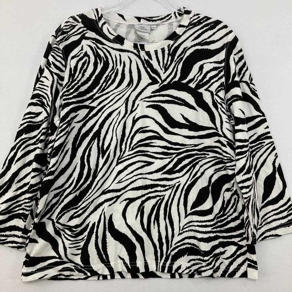 Hot‎ Cotton size XL Black White Zebra Print Cotton Stretch 3/4 Sleeve Blouse